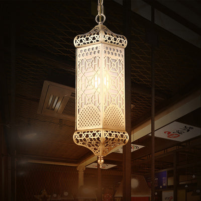 Contemporary Boho Copper Glass Cylinder Hollowed Carved 1-Light Pendant Light For Dining Room