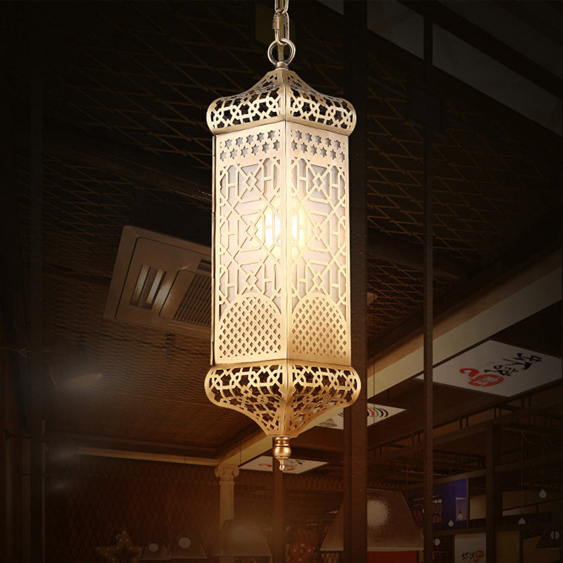 Contemporary Boho Copper Glass Cylinder Hollowed Carved 1-Light Pendant Light For Dining Room