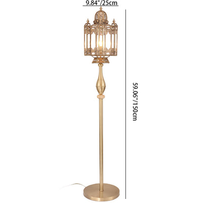 Traditional European Brass Glass Dome Cylinder Lantern Openwork Carving 1-Light Standing Floor Lamp For Living Room