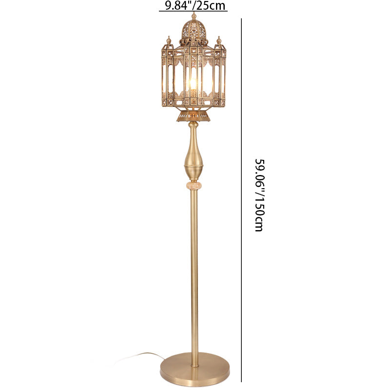 Traditional European Brass Glass Dome Cylinder Lantern Openwork Carving 1-Light Standing Floor Lamp For Living Room