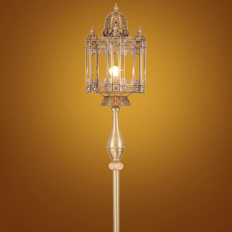 Traditional European Brass Glass Dome Cylinder Lantern Openwork Carving 1-Light Standing Floor Lamp For Living Room