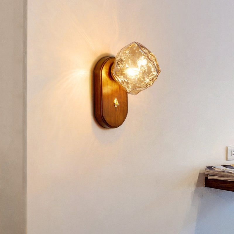 Contemporary Retro Solid Wood Glass Ice Cube Elliptical 1-Light Wall Sconce Lamp For Bedside