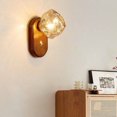 Contemporary Retro Solid Wood Glass Ice Cube Elliptical 1-Light Wall Sconce Lamp For Bedside