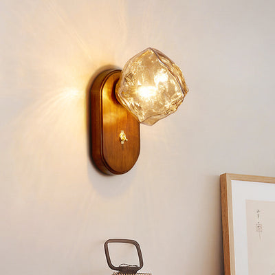 Contemporary Retro Solid Wood Glass Ice Cube Elliptical 1-Light Wall Sconce Lamp For Bedside