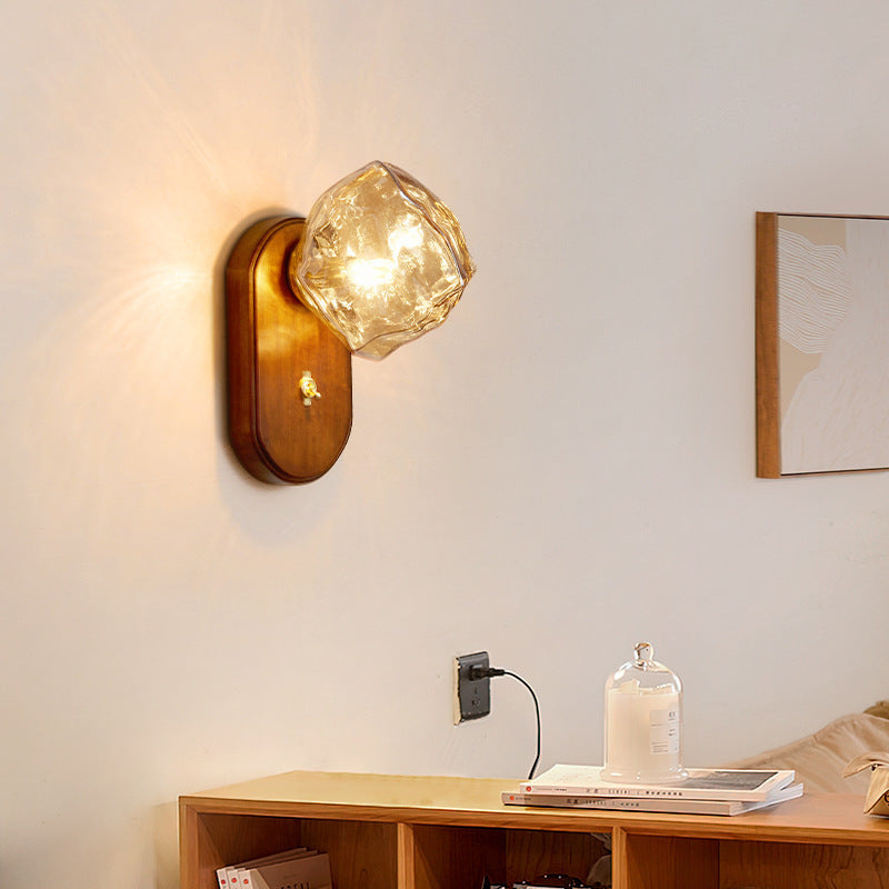 Contemporary Retro Solid Wood Glass Ice Cube Elliptical 1-Light Wall Sconce Lamp For Bedside