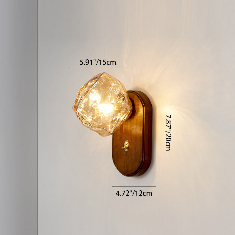 Contemporary Retro Solid Wood Glass Ice Cube Elliptical 1-Light Wall Sconce Lamp For Bedside