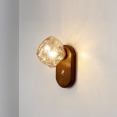 Contemporary Retro Solid Wood Glass Ice Cube Elliptical 1-Light Wall Sconce Lamp For Bedside