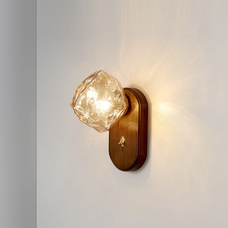 Contemporary Retro Solid Wood Glass Ice Cube Elliptical 1-Light Wall Sconce Lamp For Bedside