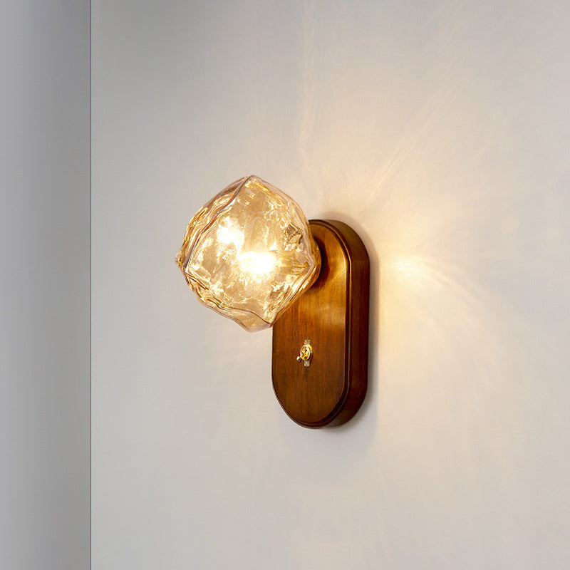 Contemporary Retro Solid Wood Glass Ice Cube Elliptical 1-Light Wall Sconce Lamp For Bedside