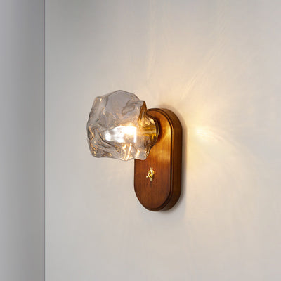 Contemporary Retro Solid Wood Glass Ice Cube Elliptical 1-Light Wall Sconce Lamp For Bedside