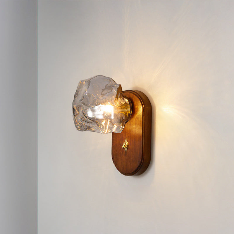 Contemporary Retro Solid Wood Glass Ice Cube Elliptical 1-Light Wall Sconce Lamp For Bedside