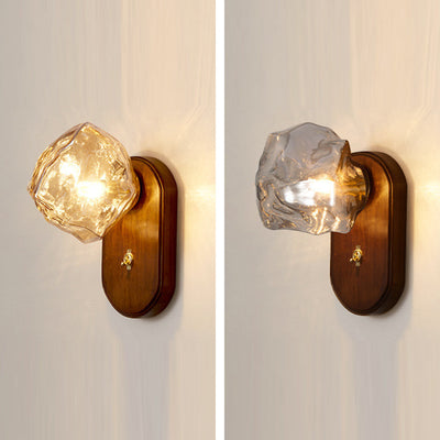 Contemporary Retro Solid Wood Glass Ice Cube Elliptical 1-Light Wall Sconce Lamp For Bedside