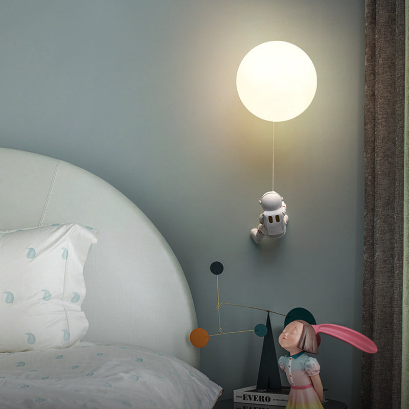 Contemporary Nordic Kids Resin Glass Ball Astronaut Lunar Planet 1-Light Wall Sconce Lamp For Bedside