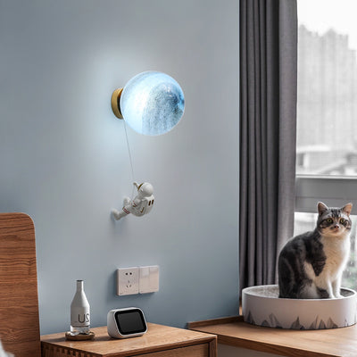 Contemporary Nordic Kids Resin Glass Ball Astronaut Lunar Planet 1-Light Wall Sconce Lamp For Bedside