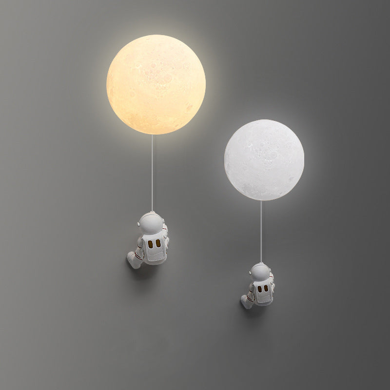 Contemporary Nordic Kids Resin Glass Ball Astronaut Lunar Planet 1-Light Wall Sconce Lamp For Bedside