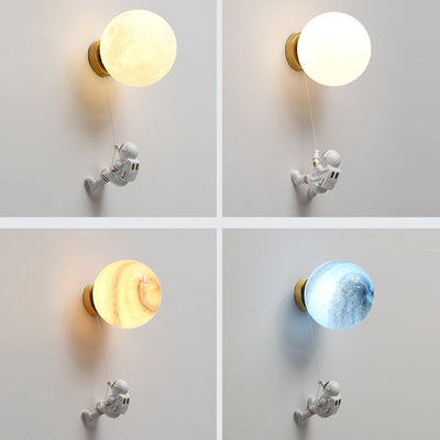 Contemporary Nordic Kids Resin Glass Ball Astronaut Lunar Planet 1-Light Wall Sconce Lamp For Bedside