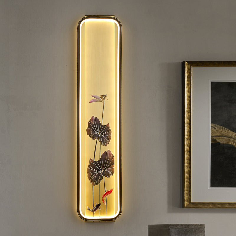 Traditional Chinese Copper Enamel Rectangular Hand Painted Lotus Bamboo Leaf Ginkgo Biloba LED Wall Sconce Lamp For Bedside