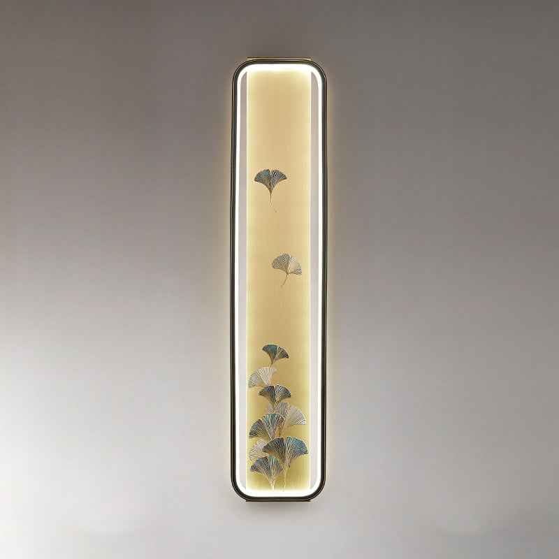 Traditional Chinese Copper Enamel Rectangular Hand Painted Lotus Bamboo Leaf Ginkgo Biloba LED Wall Sconce Lamp For Bedside