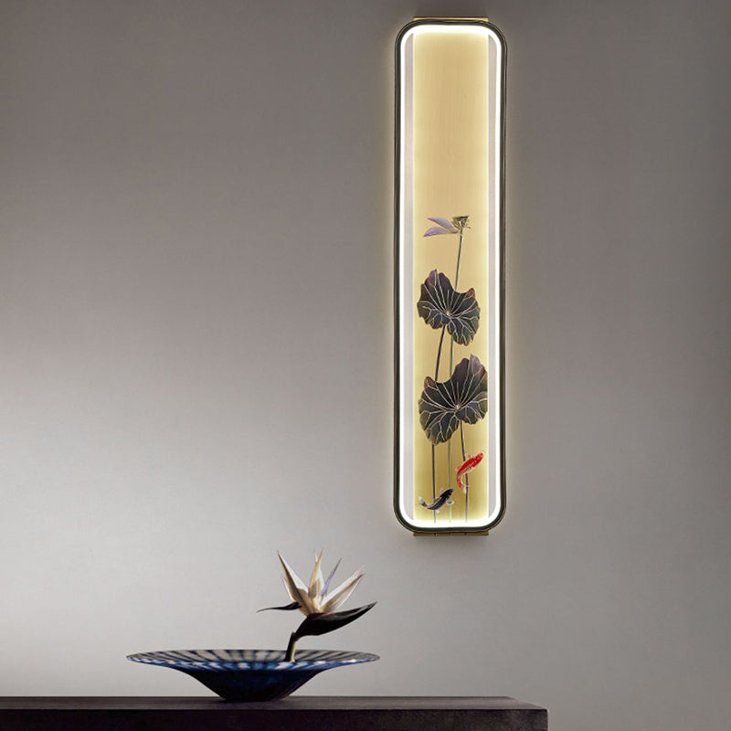 Traditional Chinese Copper Enamel Rectangular Hand Painted Lotus Bamboo Leaf Ginkgo Biloba LED Wall Sconce Lamp For Bedside