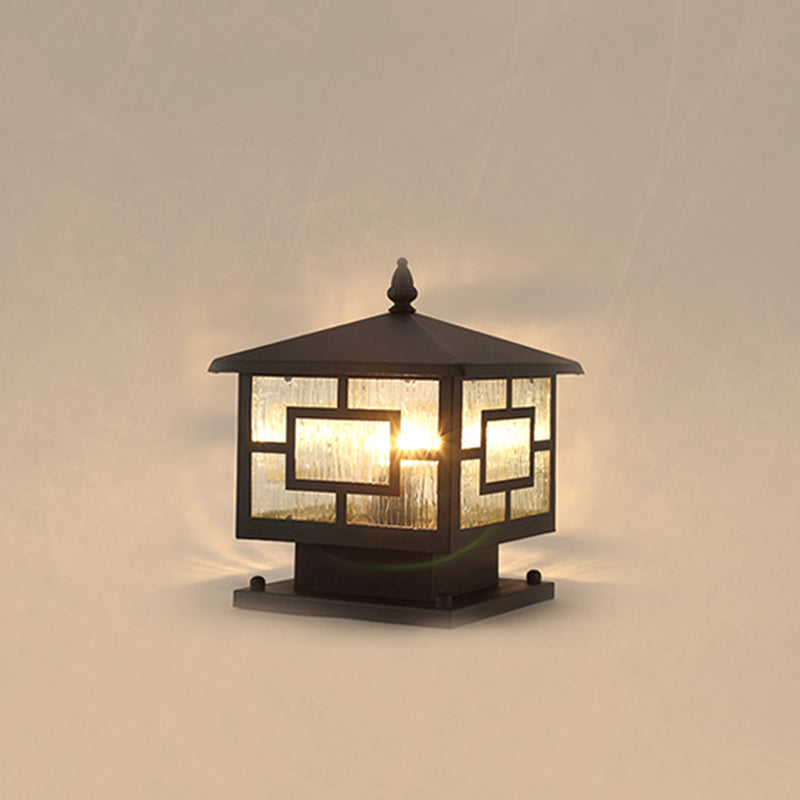 Traditional Chinese Waterproof Iron Glass Column Square 1-Light Landscape Lighting Outdoor Light For Garden