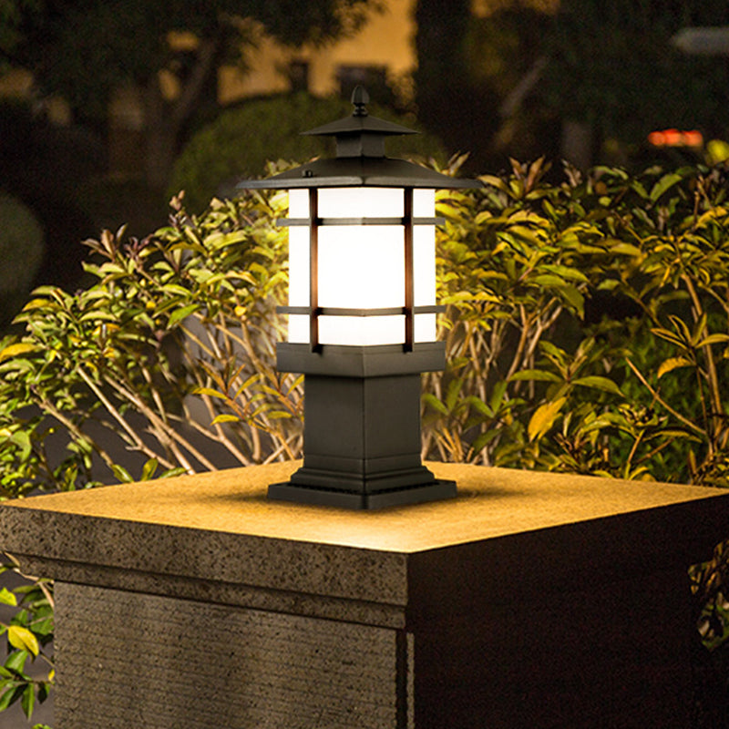 Traditional Chinese Waterproof Iron Glass Column Square 1-Light Landscape Lighting Outdoor Light For Garden