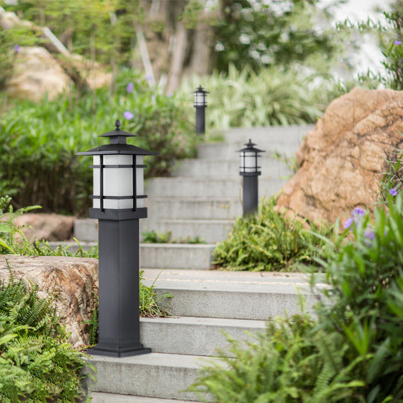 Traditional Chinese Waterproof Iron Glass Column Square 1-Light Landscape Lighting Outdoor Light For Garden