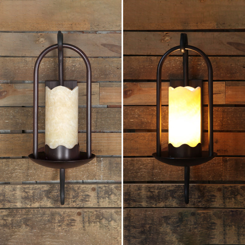 Traditional Rustic Iron Marble Cylinder Petal Elliptical 1-Light Wall Sconce Lamp For Hallway