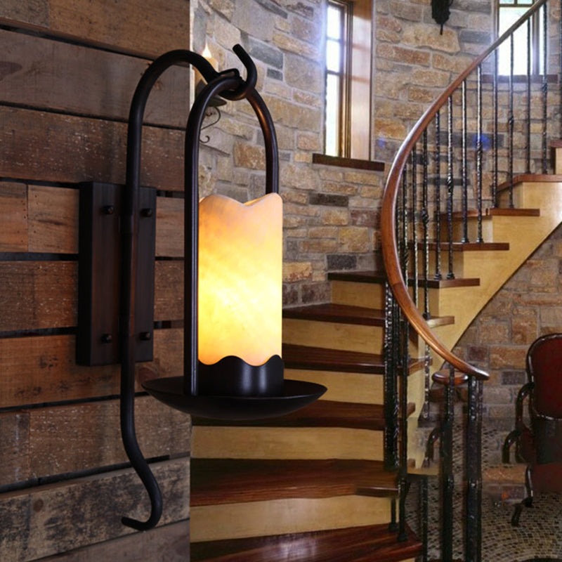 Traditional Rustic Iron Marble Cylinder Petal Elliptical 1-Light Wall Sconce Lamp For Hallway