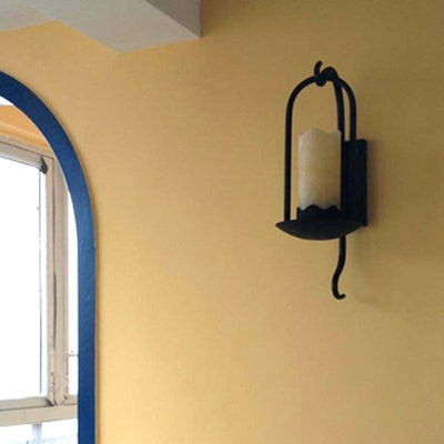 Traditional Rustic Iron Marble Cylinder Petal Elliptical 1-Light Wall Sconce Lamp For Hallway