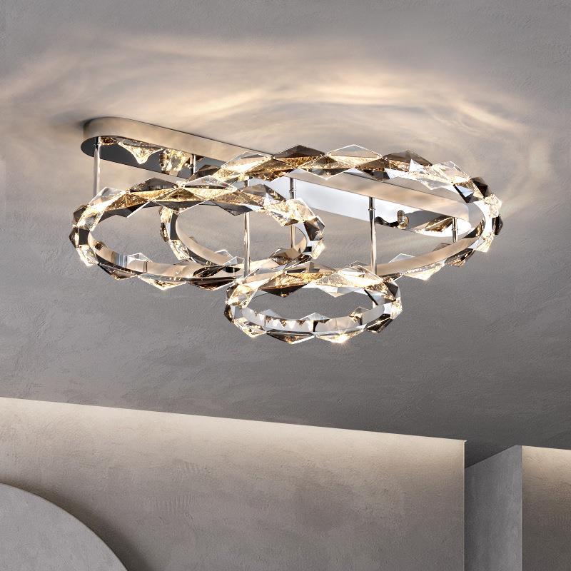 Modern Luxury Crystal Stainless Steel Circular Ring LED Semi-Flush Mount Ceiling Light For Living Room