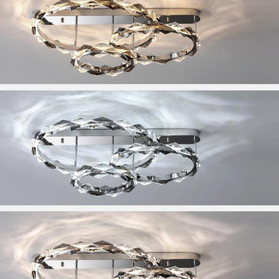 Modern Luxury Crystal Stainless Steel Circular Ring LED Semi-Flush Mount Ceiling Light For Living Room