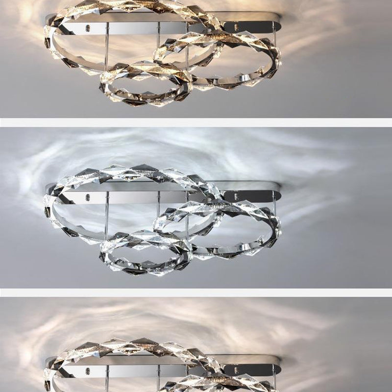 Modern Luxury Crystal Stainless Steel Circular Ring LED Semi-Flush Mount Ceiling Light For Living Room