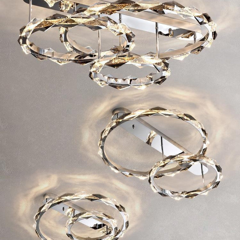 Modern Luxury Crystal Stainless Steel Circular Ring LED Semi-Flush Mount Ceiling Light For Living Room