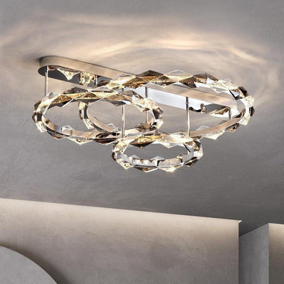 Modern Luxury Crystal Stainless Steel Circular Ring LED Semi-Flush Mount Ceiling Light For Living Room