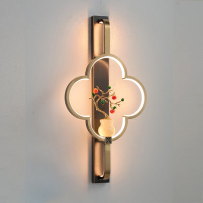 Traditional Chinese Copper Marble Zinc Alloy Flower Deer Bottle Gourd LED Wall Sconce Lamp For Living Room