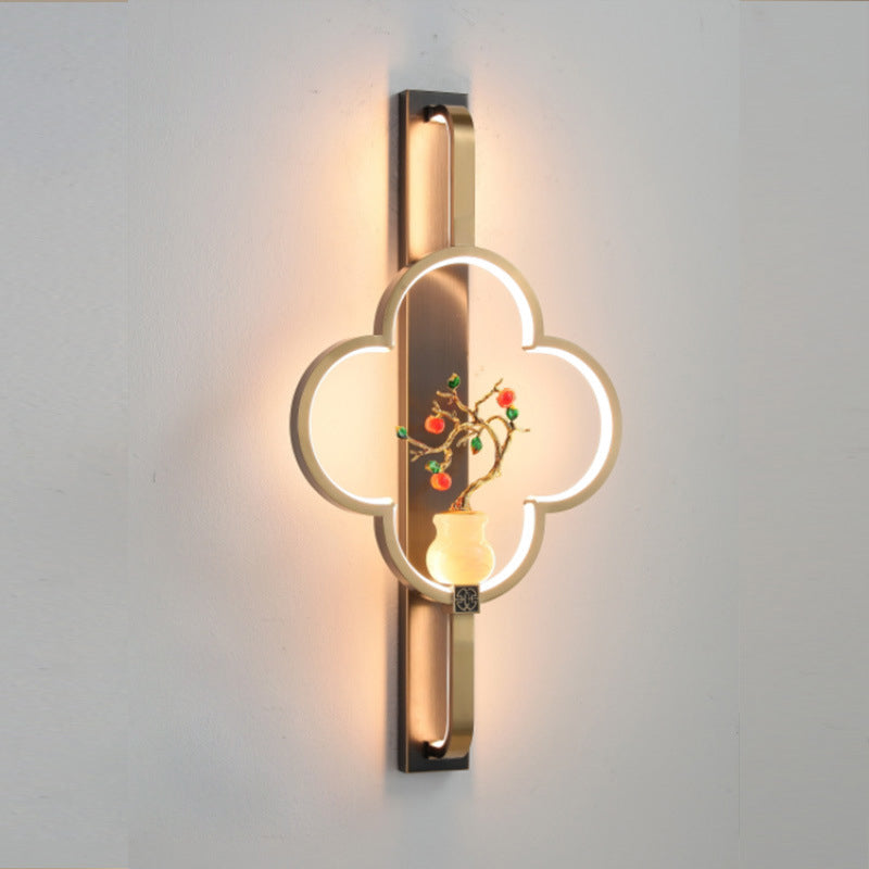 Traditional Chinese Copper Marble Zinc Alloy Flower Deer Bottle Gourd LED Wall Sconce Lamp For Living Room