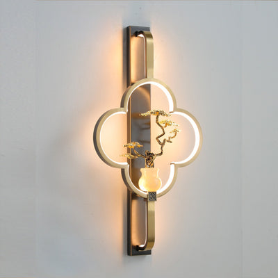 Traditional Chinese Copper Marble Zinc Alloy Flower Deer Bottle Gourd LED Wall Sconce Lamp For Living Room