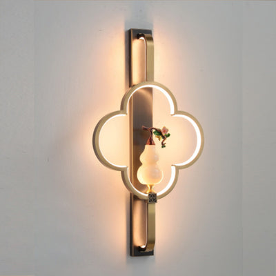 Traditional Chinese Copper Marble Zinc Alloy Flower Deer Bottle Gourd LED Wall Sconce Lamp For Living Room