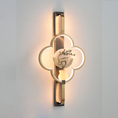 Traditional Chinese Copper Marble Zinc Alloy Flower Deer Bottle Gourd LED Wall Sconce Lamp For Living Room