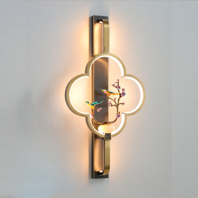 Traditional Chinese Copper Marble Zinc Alloy Flower Deer Bottle Gourd LED Wall Sconce Lamp For Living Room