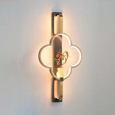 Traditional Chinese Copper Marble Zinc Alloy Flower Deer Bottle Gourd LED Wall Sconce Lamp For Living Room