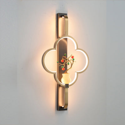 Traditional Chinese Copper Marble Zinc Alloy Flower Deer Bottle Gourd LED Wall Sconce Lamp For Living Room