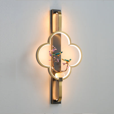 Traditional Chinese Copper Marble Zinc Alloy Flower Deer Bottle Gourd LED Wall Sconce Lamp For Living Room