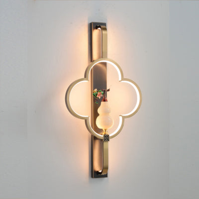 Traditional Chinese Copper Marble Zinc Alloy Flower Deer Bottle Gourd LED Wall Sconce Lamp For Living Room