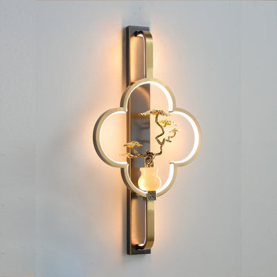 Traditional Chinese Copper Marble Zinc Alloy Flower Deer Bottle Gourd LED Wall Sconce Lamp For Living Room