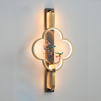 Traditional Chinese Copper Marble Zinc Alloy Flower Deer Bottle Gourd LED Wall Sconce Lamp For Living Room