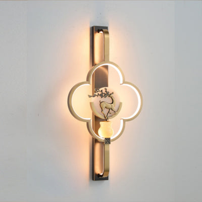 Traditional Chinese Copper Marble Zinc Alloy Flower Deer Bottle Gourd LED Wall Sconce Lamp For Living Room