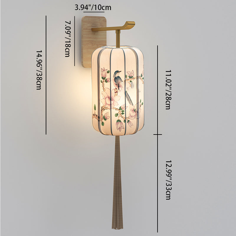 Traditional Chinese Ash Wood Fabric Cylinder Lantern Hand-Painted Flower Bird 1-Light Wall Sconce Lamp For Bedside