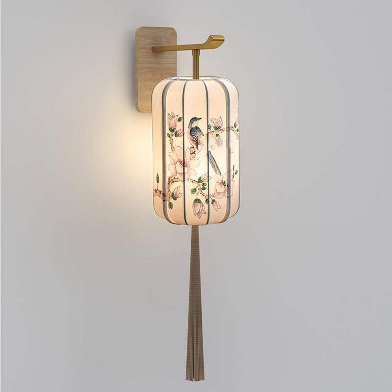 Traditional Chinese Ash Wood Fabric Cylinder Lantern Hand-Painted Flower Bird 1-Light Wall Sconce Lamp For Bedside