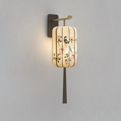 Traditional Chinese Ash Wood Fabric Cylinder Lantern Hand-Painted Flower Bird 1-Light Wall Sconce Lamp For Bedside